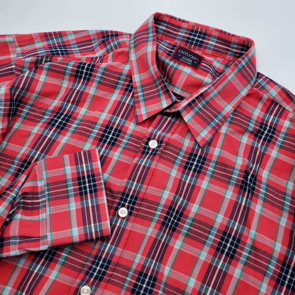 UNTUCKit Men's Redish Pink Plaid Long Sleeve Button Down Shirt X-Large Cotton